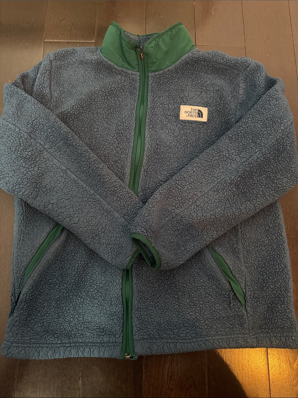 The North Face Blue Sherpa Fleece Jacket with Green Trim